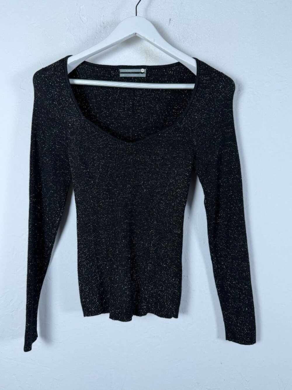 By Anthropologie Black Metallic Shimmer Top Medium Sweetheart Long Sleeve Knit